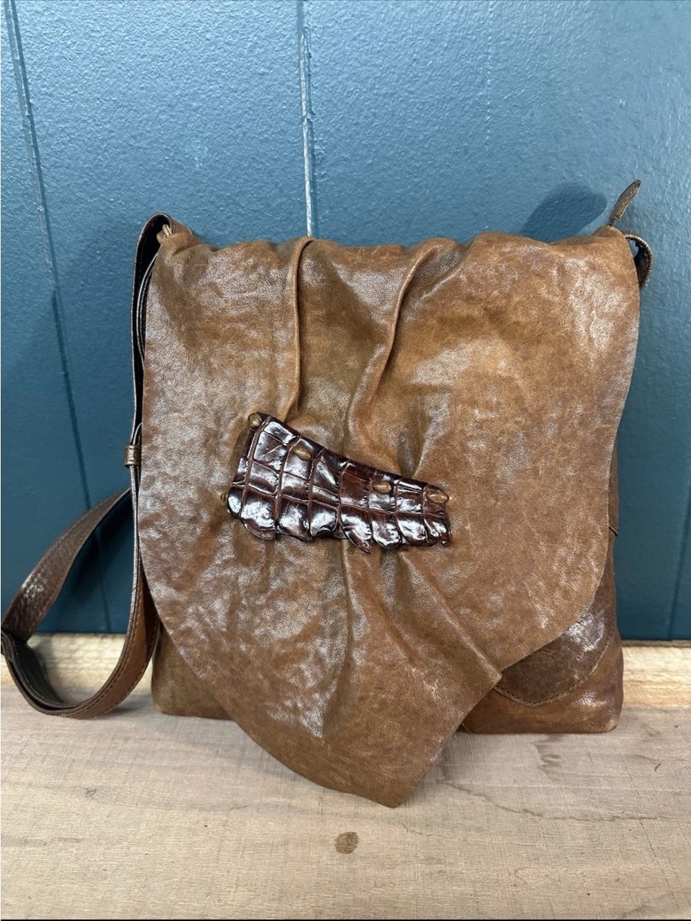 IBIZA Japan Leather Patchwork Crossbody Bag Crocodilian Accent Brown